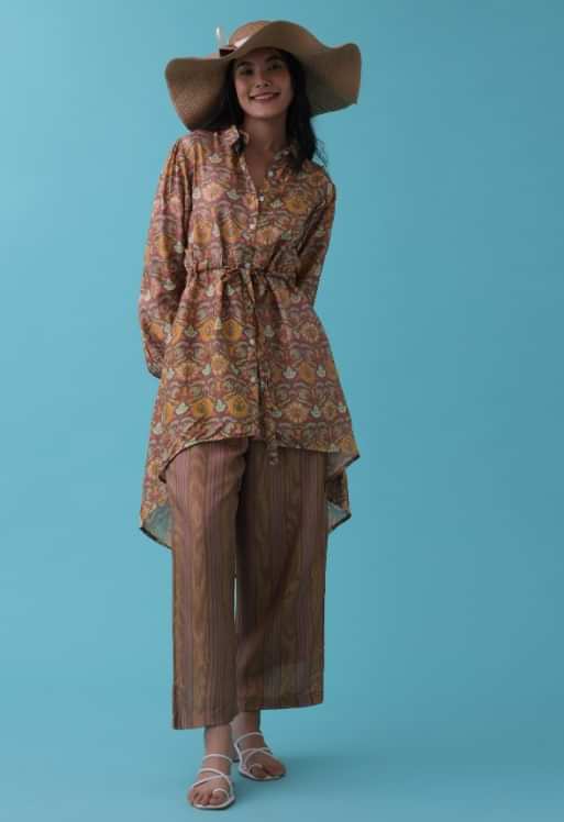 Chocolate Brown Printed Co-ord Palazzo-Kurta Set In Silk