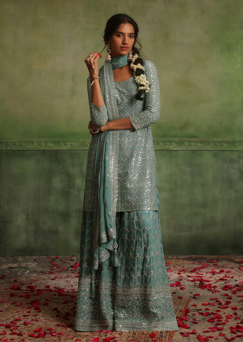 Sea Blue Palazzo Kurta Set In Chinon With Mirror And Sequence Work And Sharara Hem