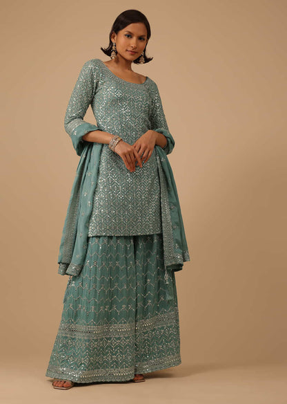 Sea Blue Palazzo Kurta Set In Chinon With Mirror And Sequence Work And Sharara Hem