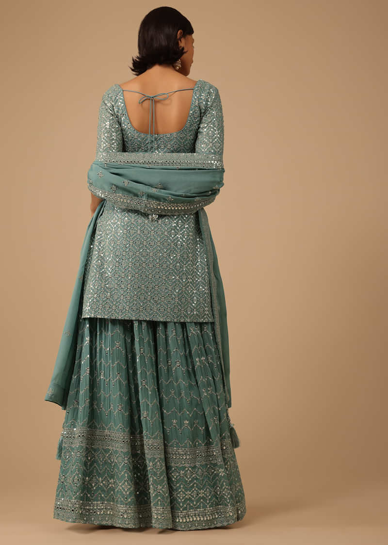 Sea Blue Palazzo Kurta Set In Chinon With Mirror And Sequence Work And Sharara Hem