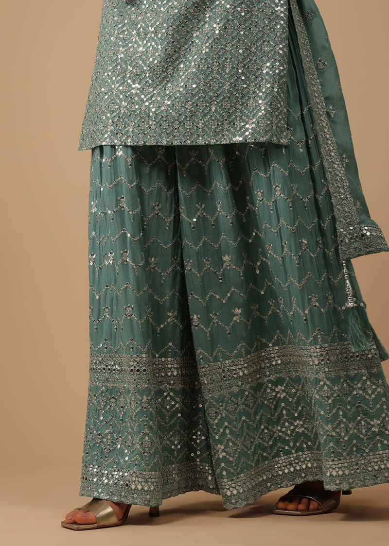 Sea Blue Palazzo Kurta Set In Chinon With Mirror And Sequence Work And Sharara Hem