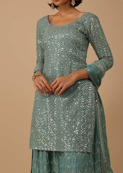 Sea Blue Palazzo Kurta Set In Chinon With Mirror And Sequence Work And Sharara Hem