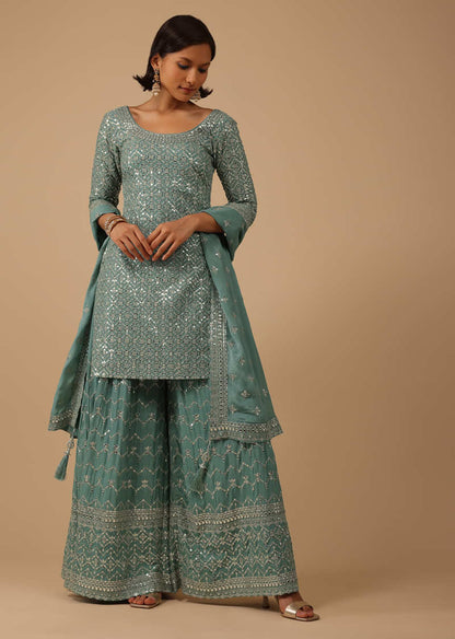 Sea Blue Palazzo Kurta Set In Chinon With Mirror And Sequence Work And Sharara Hem