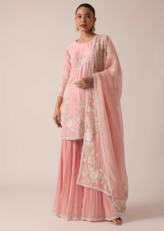 Light Pink Kurta Sharara Set In Chanderi Silk