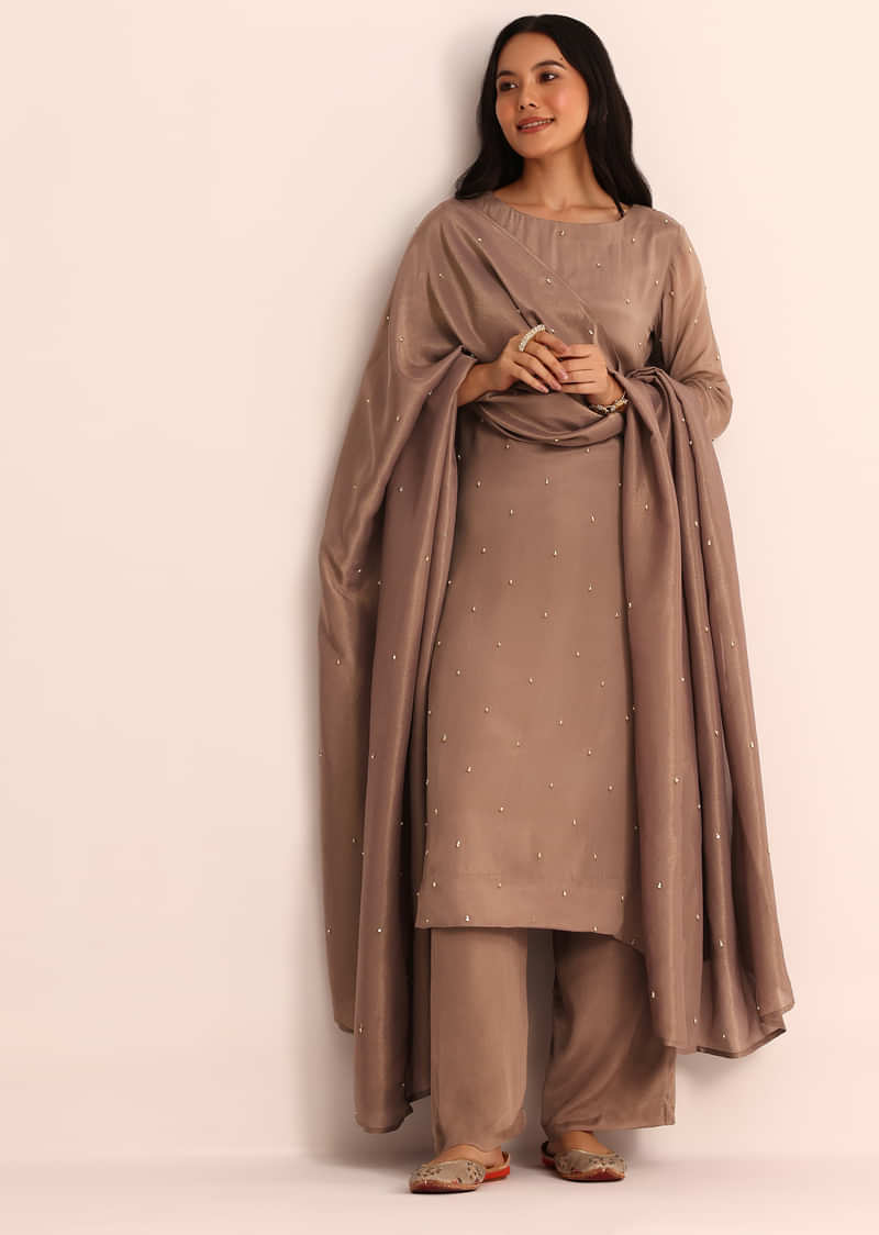 Brown Chiffon Kurta Set With Dupatta In Moti Work