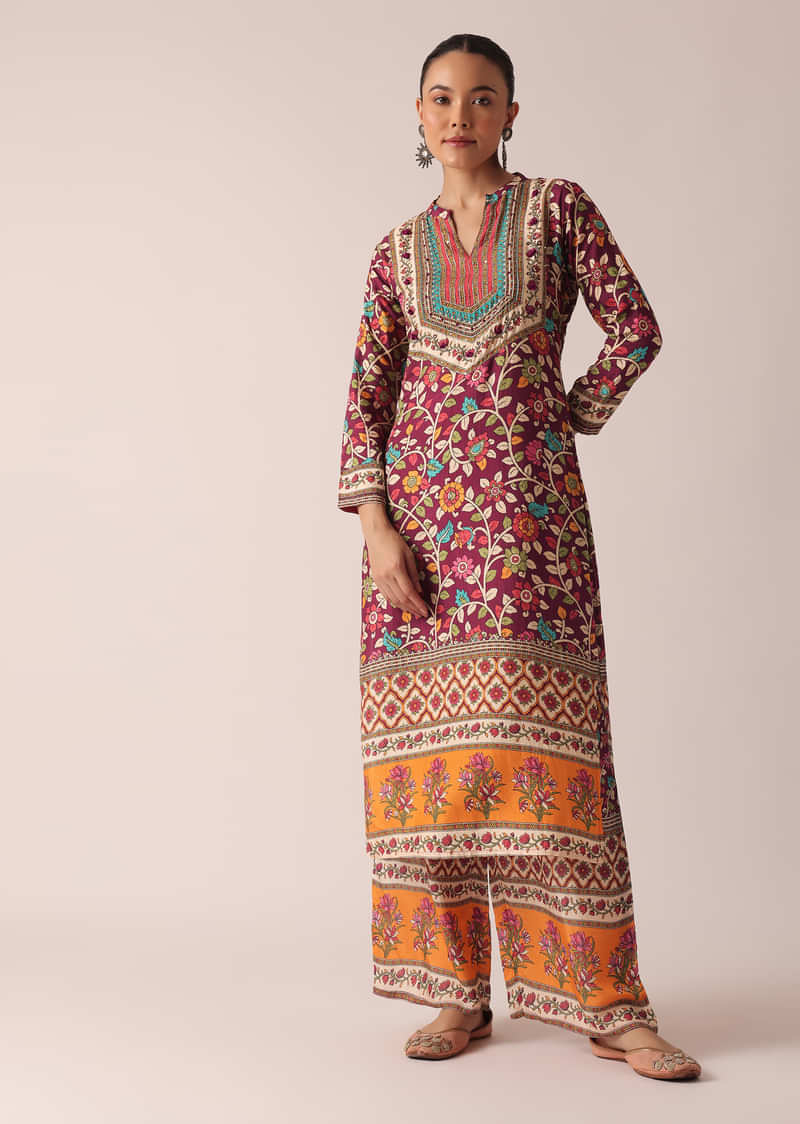 Beige Kurta And Palazzo Set With Bead Work