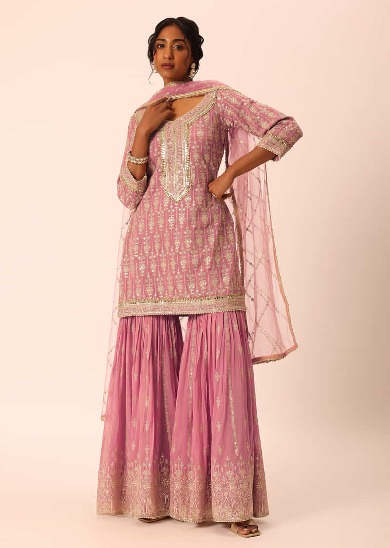 Purple Kurta Sharara Set In Chiffon With Sequin Work