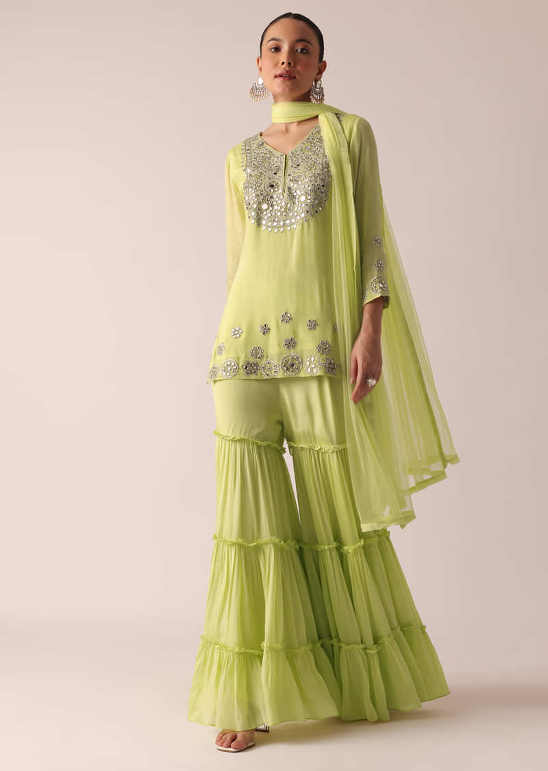 Green Kurta And Tiered Sharara Set