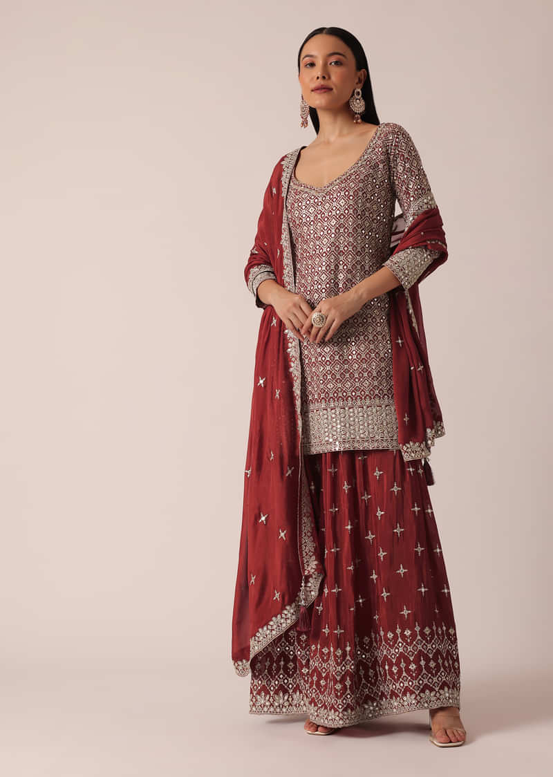 Red Chanderi Kurta Palazzo Set With Sequin Work