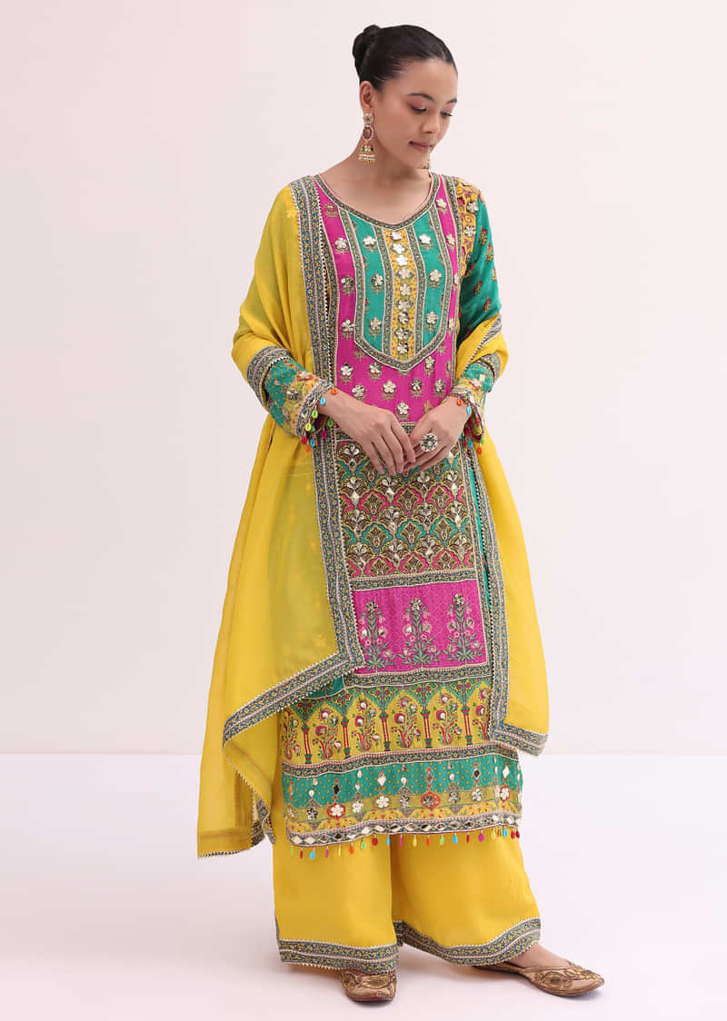 Yellow Multicoloured Kurta Palazzo Set