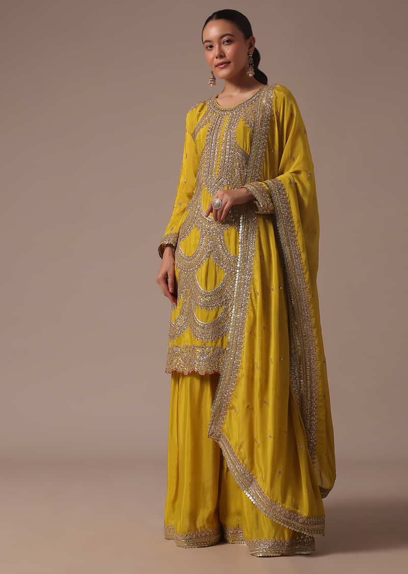 Yellow Chinon Kurta Sharara And Dupatta