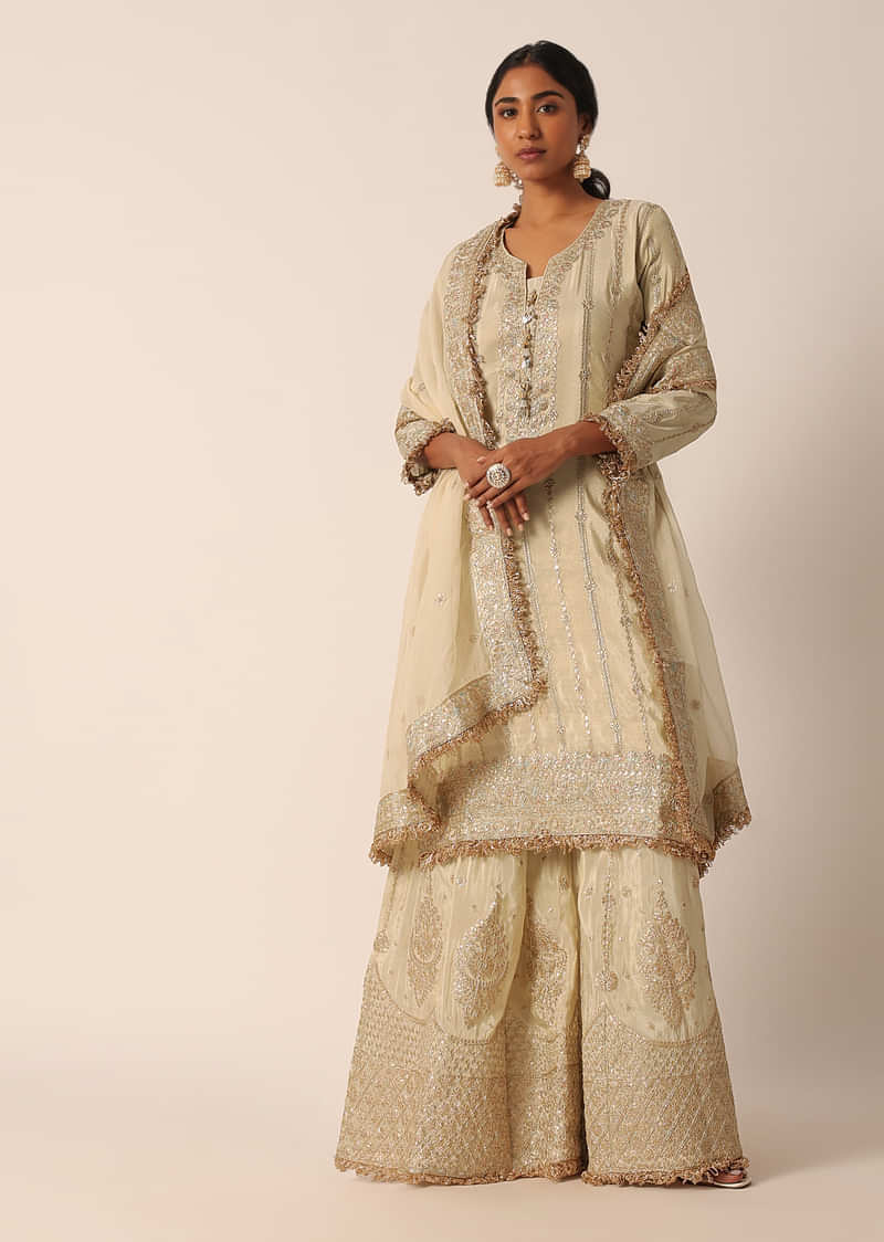 Beige Kurta Palazzo Set With Resham And Sequin Work