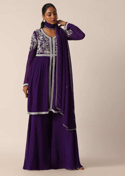 Purple Kurta Sharara Set With Bead Work