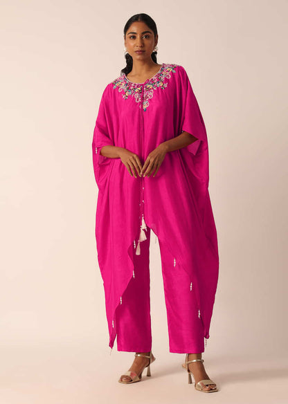 Pink Cotton Silk Kaftan Kurta Set With Sequin Work