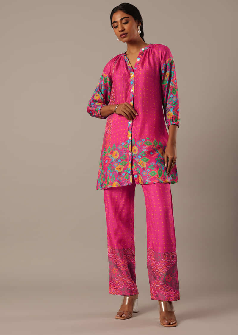 Pink Cotton Silk Kaftan Kurta Set With Sequin Work