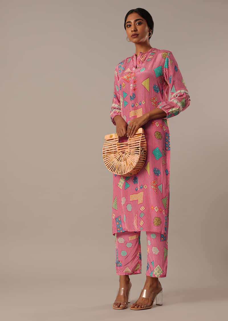 Pink Crepe Printed Kurta And Pant Set With Shirt Collar