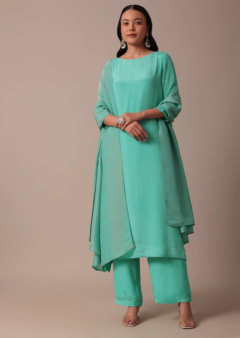 Blue Chiffon Pant Set With Sequin Work Kurta