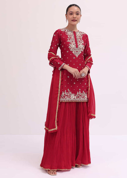 Red Embroidered Silk Kurta Palazzo Set