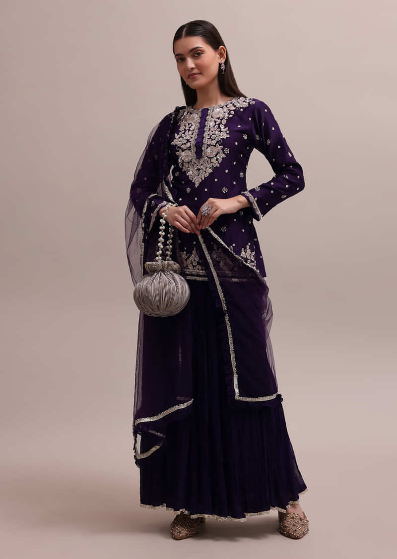 Regal Purple Heavy Zardosi Worked Short Kurta With Palazzo And Net Dupatta Set