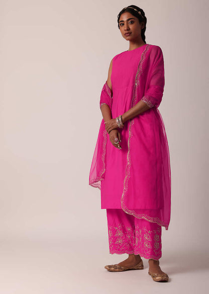 Pink Embroidered Palazzo Set With Kurta In Cotton-