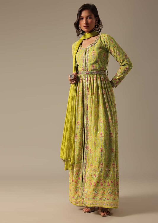 Green Pant Set With Sequin Work Kurta