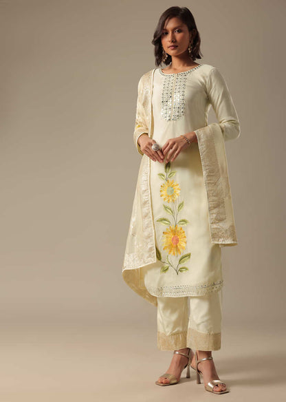 White Mirror Work Kurta Palazzo Set With Banarasi Dupatta