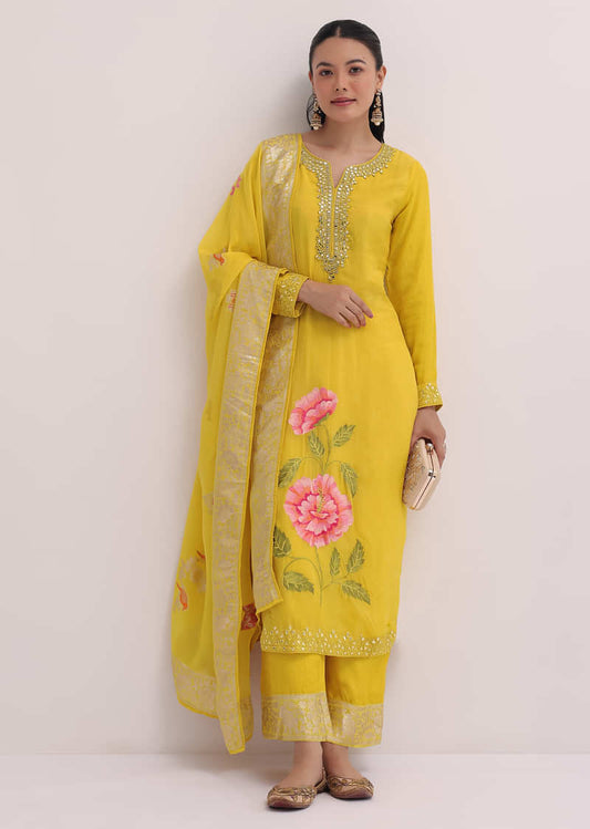 Yellow Embroidered Organza Kurta Pant Set