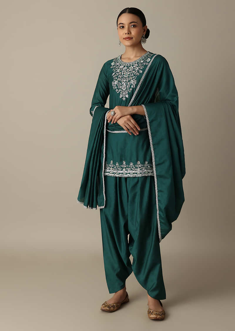 Stunning Emerald Green Silk Embroidery Kurta Set