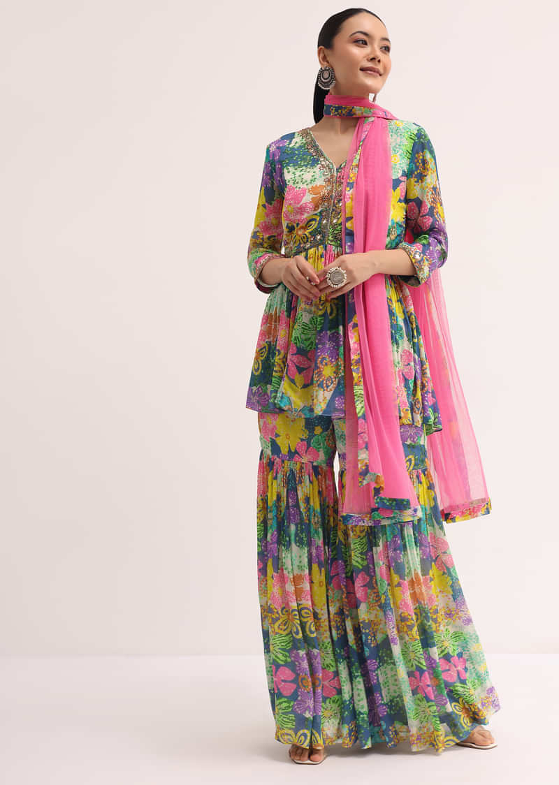 Grey And Pink Printed Chiffon Kurta Sharara Set