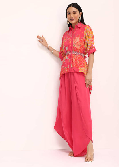 Pink Printed Kurta Palazzo Set In Sequin Work