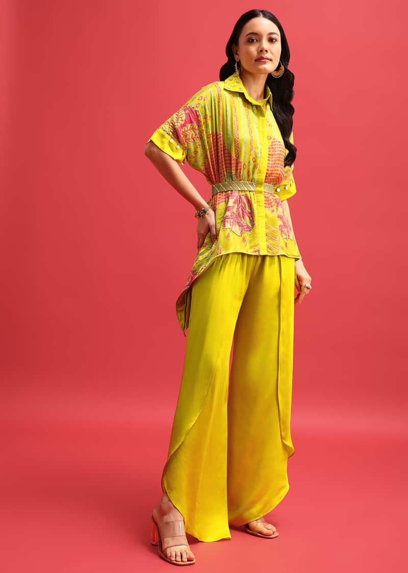 Yellow Printed Kurta Palazzo Set In Sequin Work