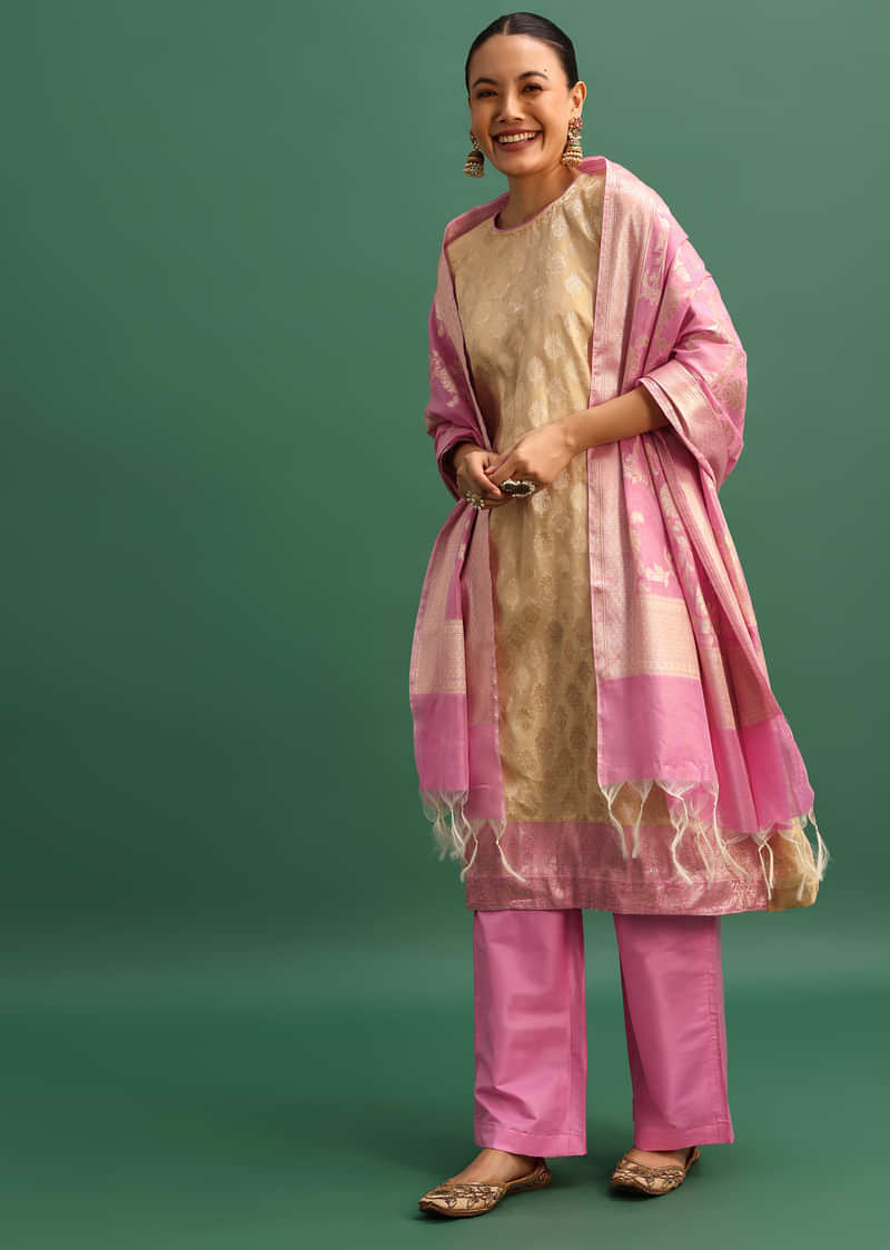 Beige And Pink Chanderi Banarasi Woven Kurta Set With Dupatta