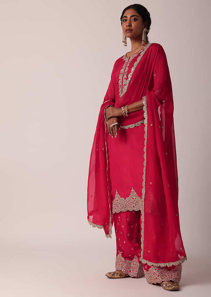 Red Silk Embroidered Palazzo Set With Kurta