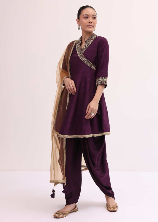 Wine Embroidered Kurta Dhoti Set