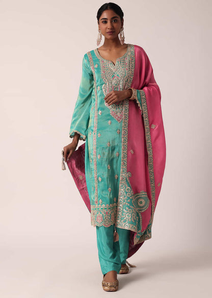 Green Silk Pant Set With Zari Embroidered Kurta