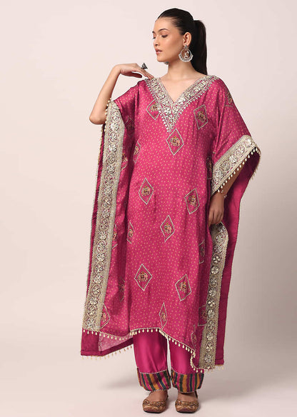 Pink Pant Set With Embroidered Kaftan Kurta