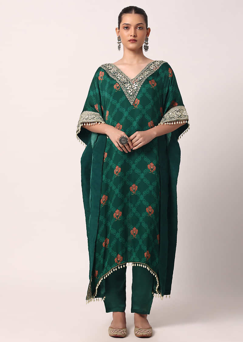 Green Pant Set With Gota Embroidered Kaftan Kurta