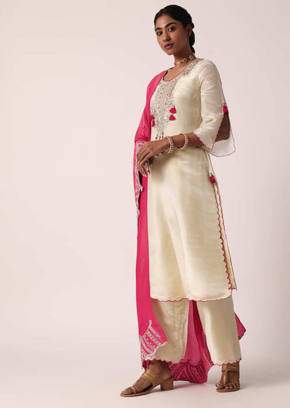 Pink Silk Palazzo Set With Embroidered Kurta