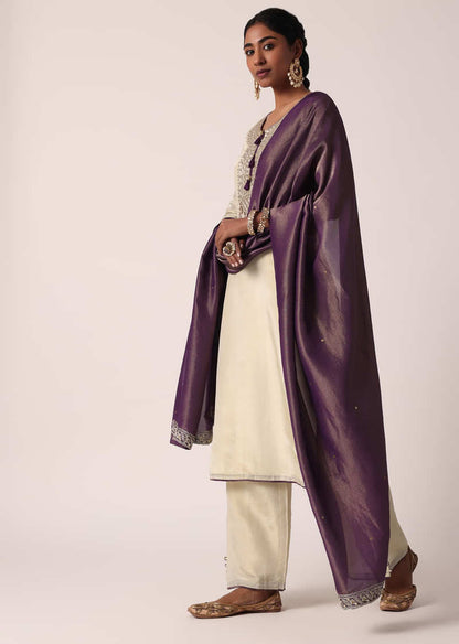 Purple Palazzo Set In Silk With Embroidered Kurta