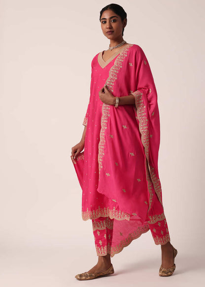 Fuchsia Pink Chanderi Pant Set With Embroidered Kurta