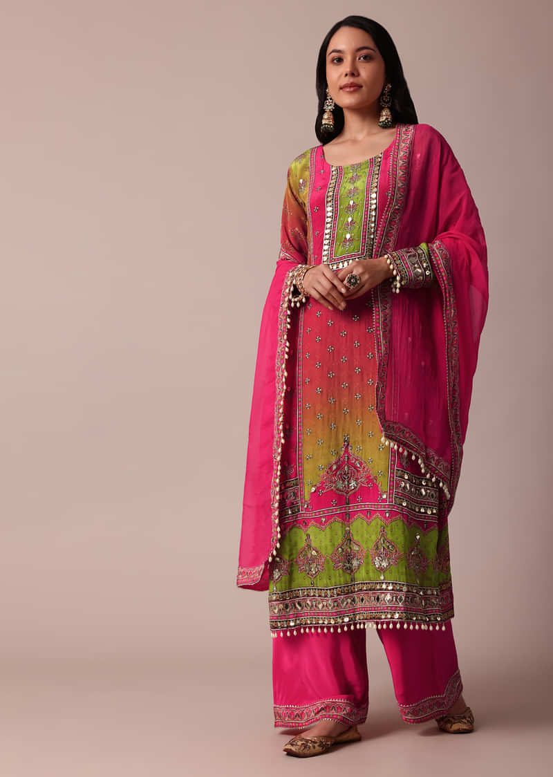 Pink Printed Palazzo Set With Zari Work Kurta