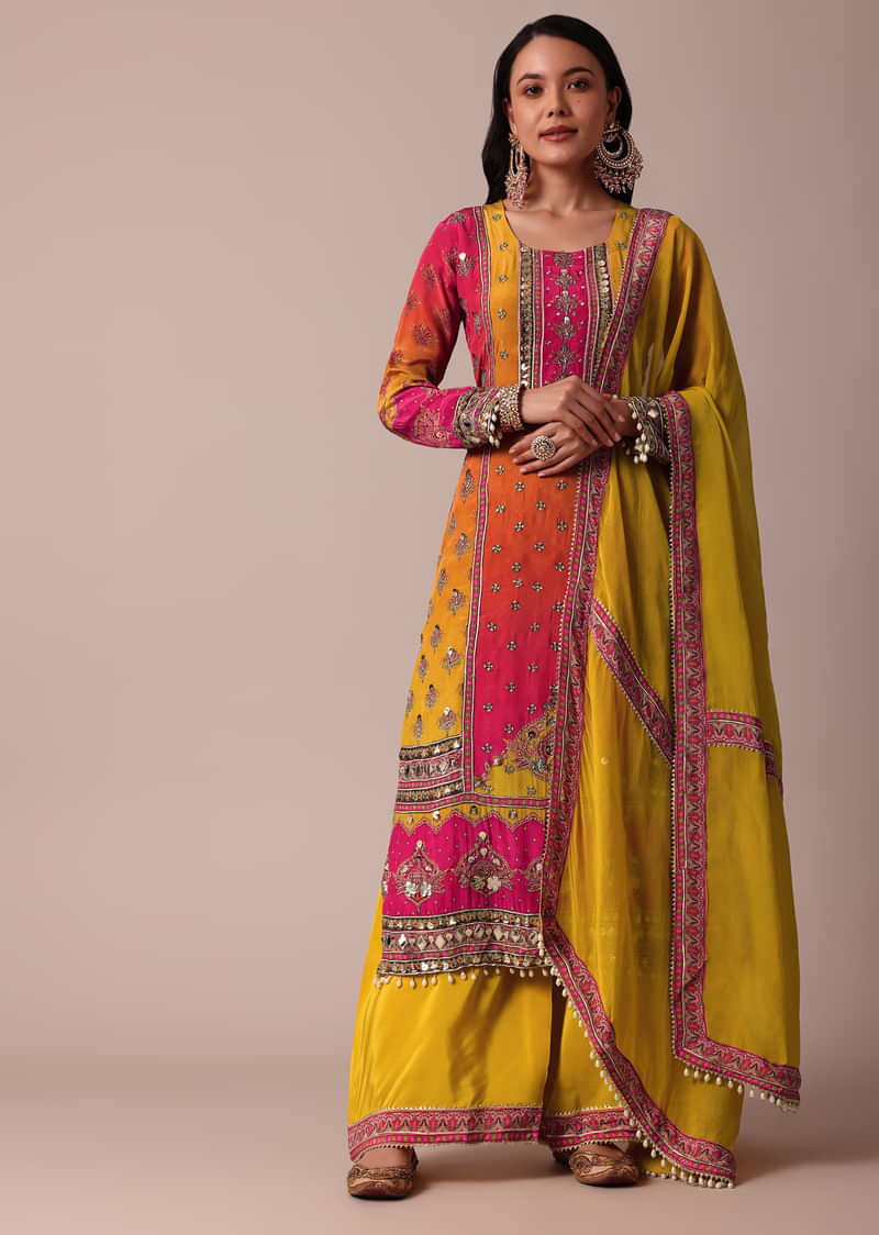 Yellow Palazzo Set With Patchwork Kurta