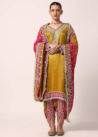 Mustard Yellow Gotta Patti Embroidered Banarasi Kurta And Dupatta With Printed Dhoti Set