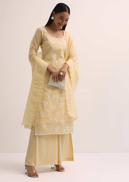 Pale Yellow Palazzo Set With Patchwork Kurta Stitched Dress Material