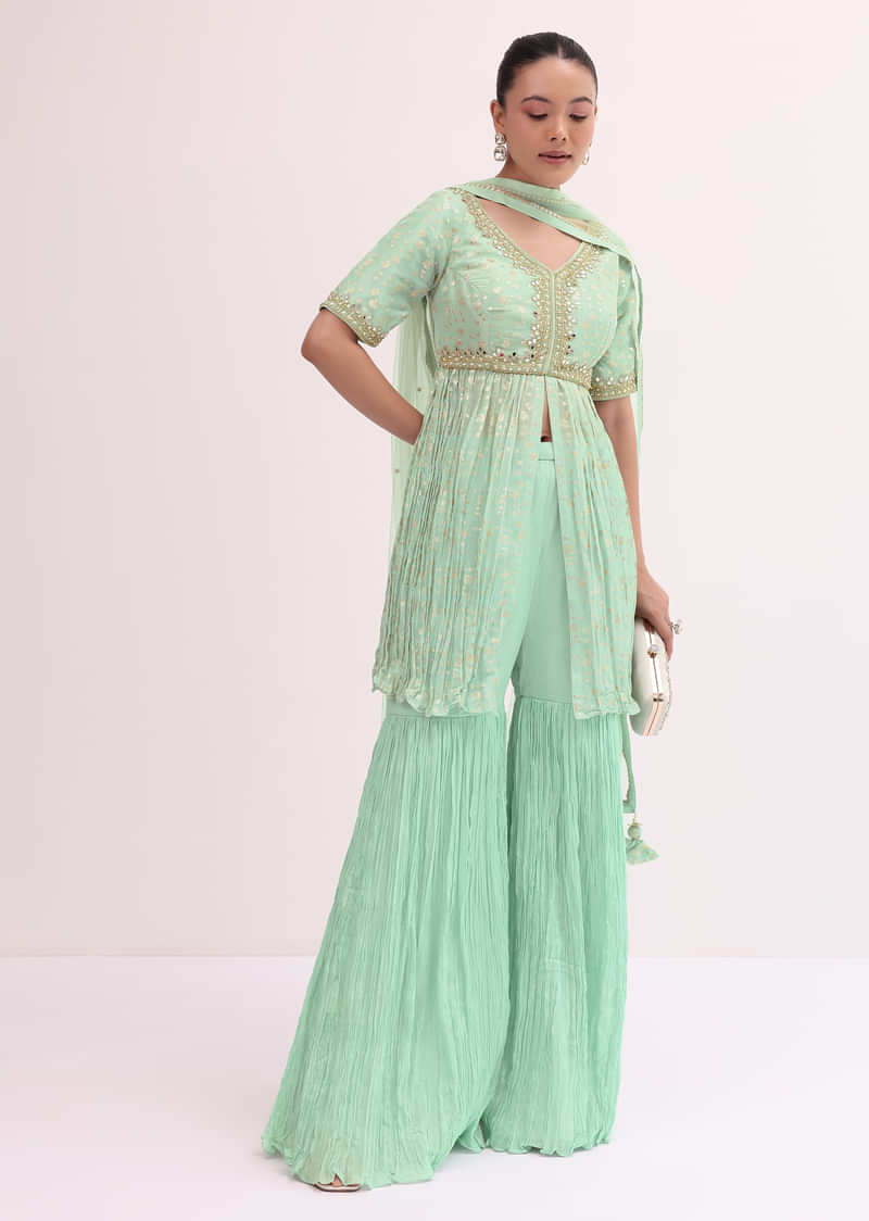 Mint Blue Embroidered Kurta Sharara Set