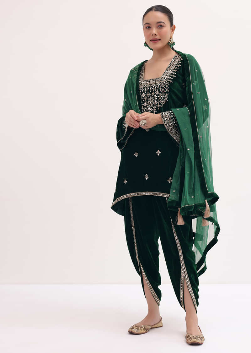 Dark Green Embroidered Velvet Kurta Dhoti Set