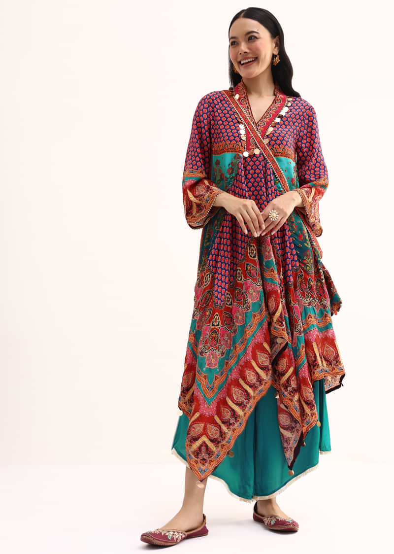 Multicolour Printed Crepe Kurta Palazzo With Potli Bag