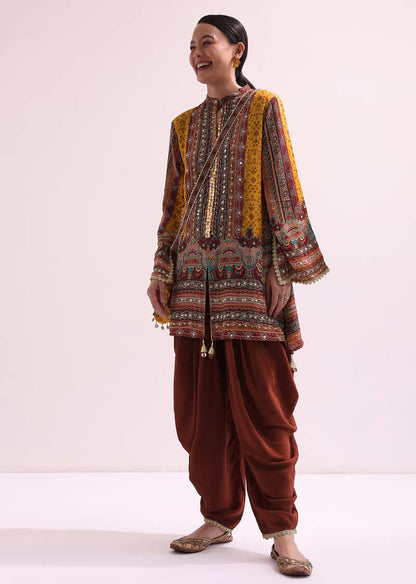 Brown And Yellow Embroidered Kurta Dhoti Set With Potli