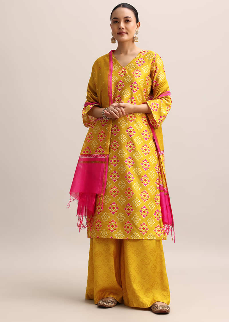 Yellow And Pink Patola Printed Kurta Palazzo With Dupatta