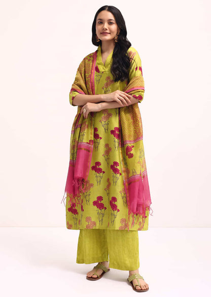 Green Floral Printed Chanderi Kurta Palazzo Set